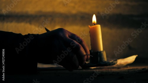 Writing with quill on parchment by candlelight