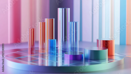 Business plan with a detailed financial forecast and digital concept of business, abstract 3d and soft color stacked columns, and digital projections of key financial indicators, Colorful Geometric.