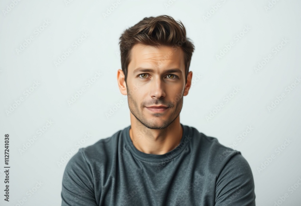 Half-length portrait of a 30-year-old male with a neutral expression Half-length portrait of a 30-year-old male with a neutral expression