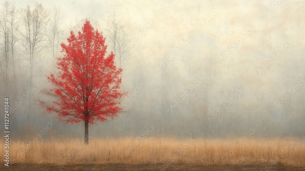 A single red tree becomes the focal point in a mist-covered forest, its vibrant leaves piercing through the quiet haze of a foggy day.