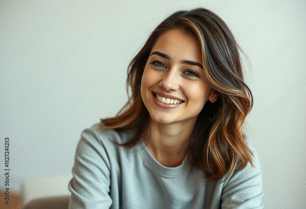 Half-length portrait of a smiling young woman in a minimalist setting Half-length portrait of a smiling young woman in a minimalist setting