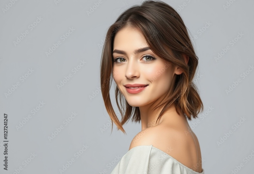 Half-length portrait of a 30-year-old female with a neutral expression Half-length portrait of a 30-year-old female with a neutral expression
