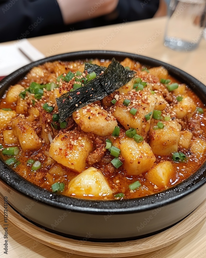 A bowl of spicy food garnished with green onions and seaweed, served in a restaurant. A bowl of spicy food garnished with green onions and seaweed, served in a restaurant.
