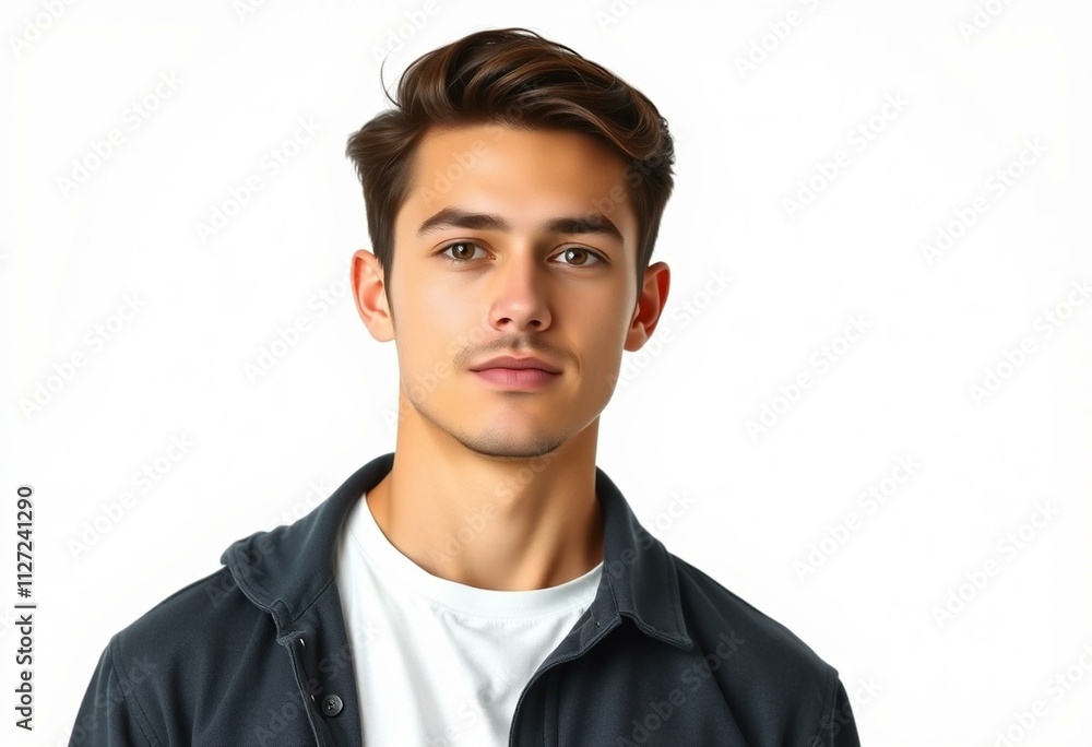 Realistic half-length portrait of a young man with neutral expression Realistic half-length portrait of a young man with neutral expression