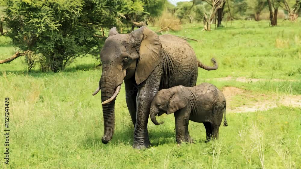 Mother elephant walking in the savannah of Tarangire national park with her baby, Tanzania, Africa, during a sunny day, they are surrounded by green grass REAL PHOTO ANIMATED BY AI Mother elephant walking in the savannah of Tarangire national park with her baby, Tanzania, Africa, during a sunny day, they are surrounded by green grass REAL PHOTO ANIMATED BY AI
