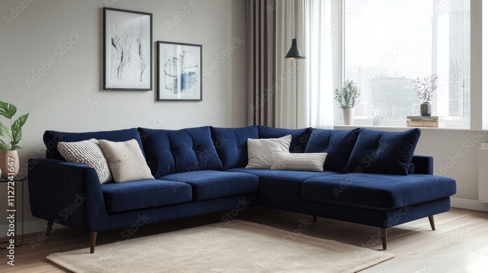 Fototapeta premium Modern navy blue velvet L-shaped sectional sofa in living room.