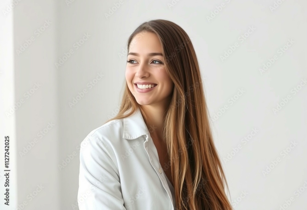 A half-length portrait of a smiling woman in a studio setting A half-length portrait of a smiling woman in a studio setting