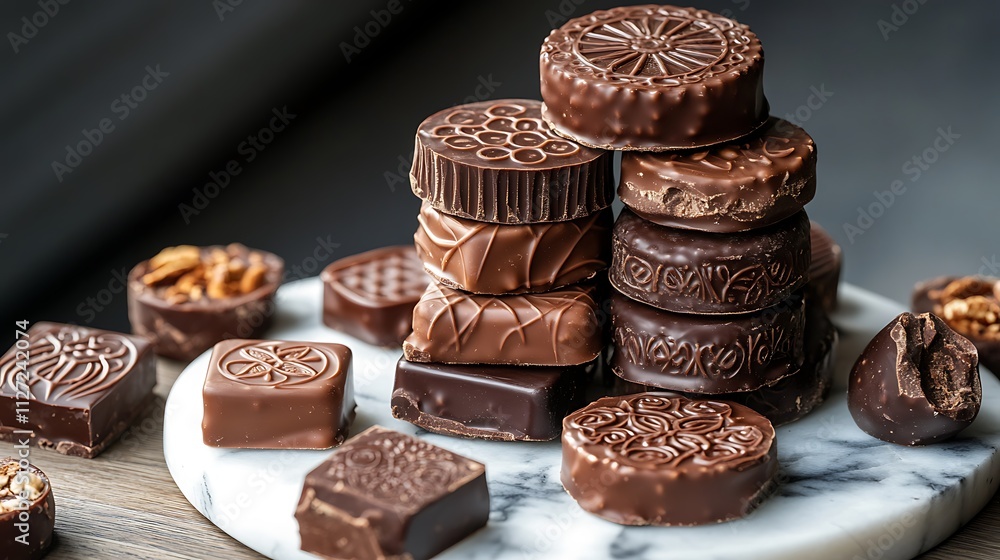 A stack of assorted gourmet chocolates with intricate designs on a marble platter A stack of assorted gourmet chocolates with intricate designs on a marble platter