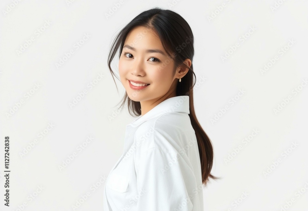 Half-length portrait of an Asian female with a neutral expression Half-length portrait of an Asian female with a neutral expression