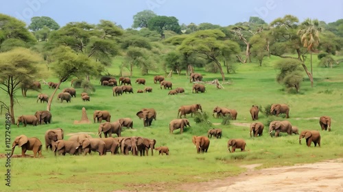 Wallpaper Mural Large herd of elephants, including adults and calves, grazes peacefully in the lush green landscape of Tarangire national park, Tanzania, surrounded by acacia trees REAL PHOTO ANIMATED BY AI Torontodigital.ca