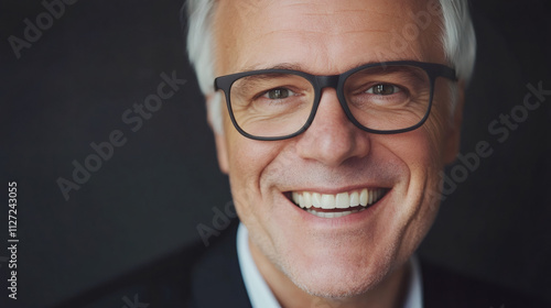 Portrait of a confident senior businessman in glasses, radiating success and positivity against a dark background