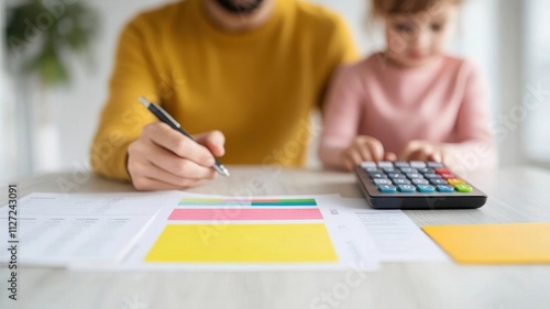 A family planning their monthly expenses, using a colorful budget planner and calculator