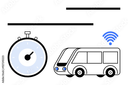 Stopwatch bus and wireless symbol. Ideal for public transport efficiency, timed scheduling, connectivity, technology integration, modern commuting, traffic management, smart city development. Line