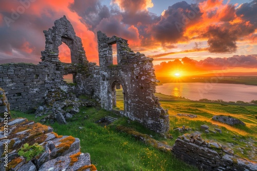 Ruins of ross castle  an ancient fortress by the lake in ireland at golden hour with lush grass