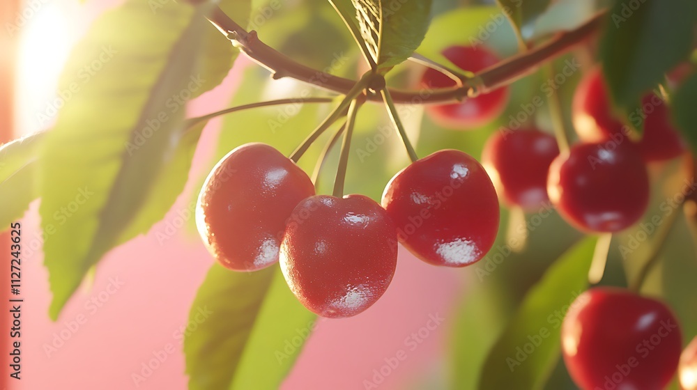 Obraz premium there are two cherries hanging from a tree with leaves