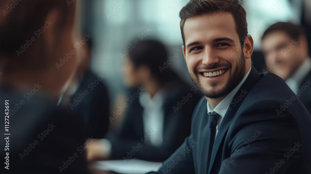 Young professional engaging in discussion, showcasing teamwork and positive communication in corporate setting Young professional engaging in discussion, showcasing teamwork and positive communication in corporate setting
