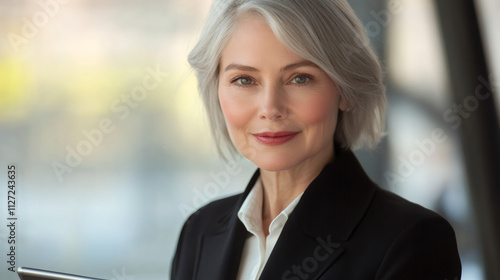 Senior businesswoman with gray hair and a confident smile, holding a tablet indoors, representing leadership and expertise