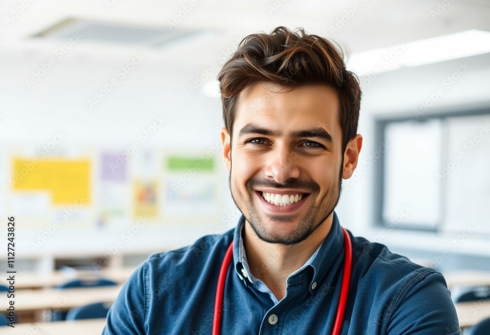 Male teacher in a modern classroom with a warm and professional atmosphere Male teacher in a modern classroom with a warm and professional atmosphere