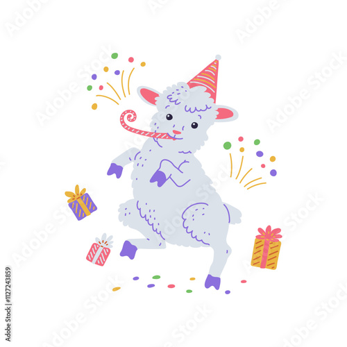 Cute white sheep or lamb dancing with festive decorations, vector cartoon funny goat, ewe music animal entertainment