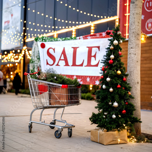 Shopping cart with Christmas Christmas shopping theme shopping cart buying supermarket marketing  photo