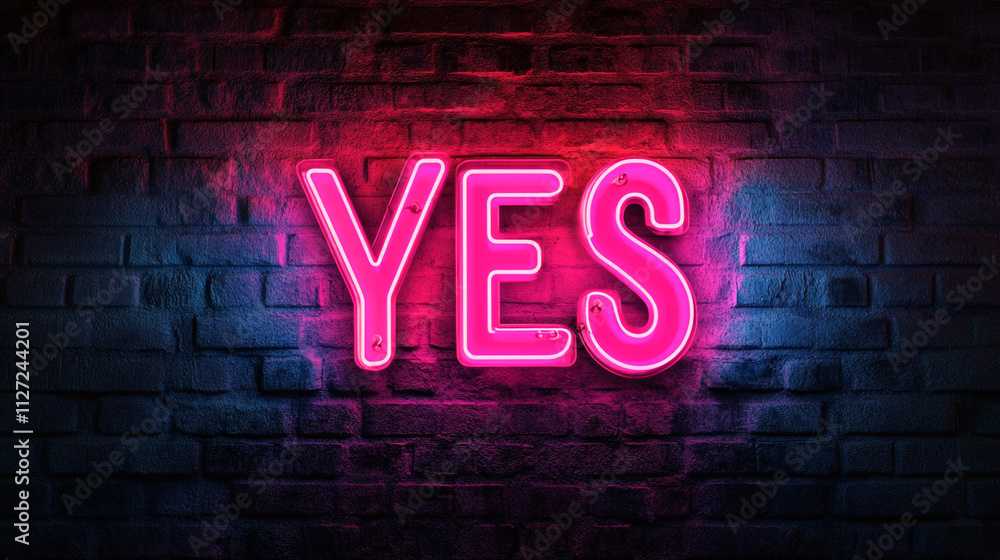 Pink Neon YES Sign on Brick Wall Positive Affirmation Night Light Urban Trendy Pink Neon YES Sign on Brick Wall Positive Affirmation Night Light Urban Trendy