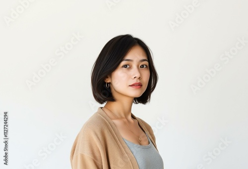 Half-length portrait of a young woman with a neutral expression