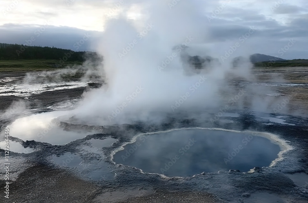 A hot spring in Iceland, surrounded by steam and geysers under cloudy skies. A hot spring in Iceland, surrounded by steam and geysers under cloudy skies.