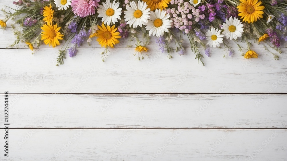 Obraz premium Rustic white wash wood board surface with wildflowers flat lay border mockup background