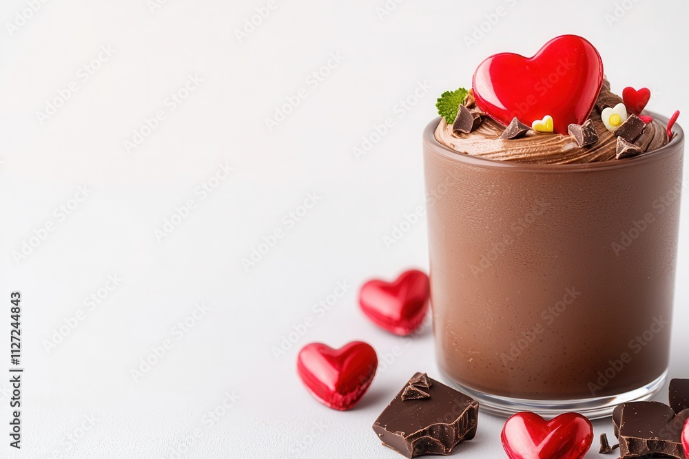 A decadent chocolate dessert topped with red heart decorations, perfect for romantic occasions or sweet celebrations. A decadent chocolate dessert topped with red heart decorations, perfect for romantic occasions or sweet celebrations.