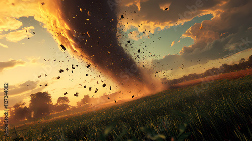 Fototapeta Naklejka Na Ścianę i Meble -  Cinematic 3d rendering of a massive tornado barreling across a rural farmland landscape viewed from an oblique low angle perspective. Oblique. Illustration
