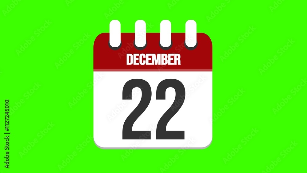 December 22. Cartoon style calendar. Cartoon style calendar with date and month name on green chroma key background. 4k.