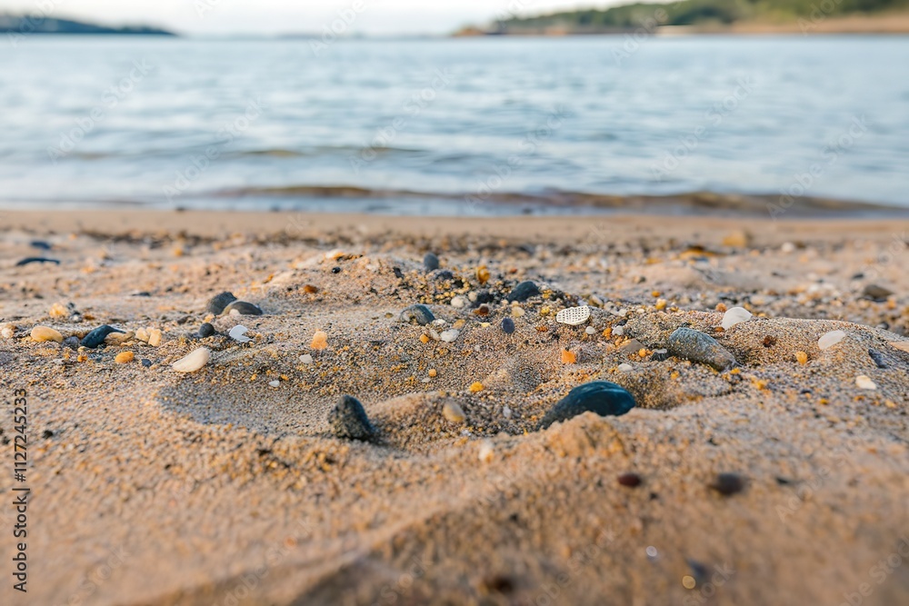 A macro photo of sand on a summer day at the shore of a bay A macro photo of sand on a summer day at the shore of a bay