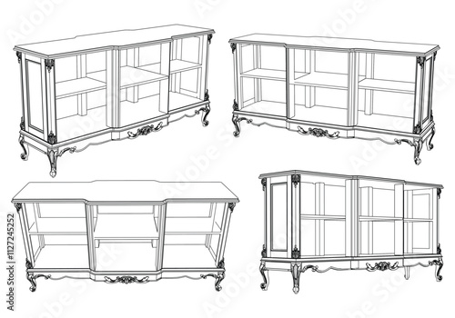 Sideboard outline vector collection. Elegant line art designs for contemporary living spaces. Ideal for interior design projects.