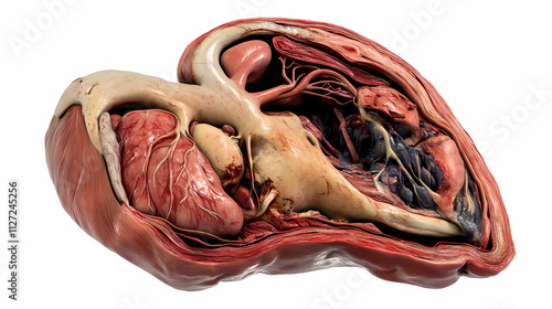 Crosssectional cutaway of a heavily blocked artery, realistic textures, oblique angle. Oblique. Illustration photo