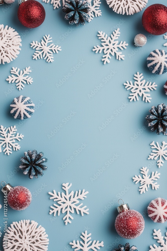 A festive arrangement of snowflakes and ornaments in red, white, and blue, creating a cheerful holiday border on a light blue background.