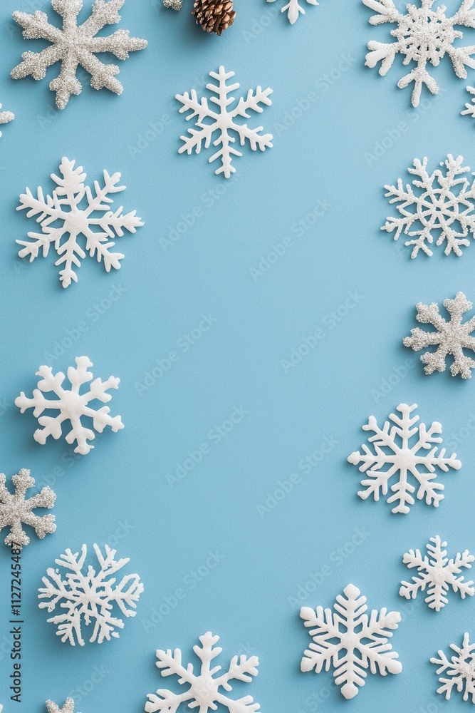 A festive arrangement of white snowflakes on a soft blue background, perfect for winter-themed decorations or seasonal celebrations. A festive arrangement of white snowflakes on a soft blue background, perfect for winter-themed decorations or seasonal celebrations.