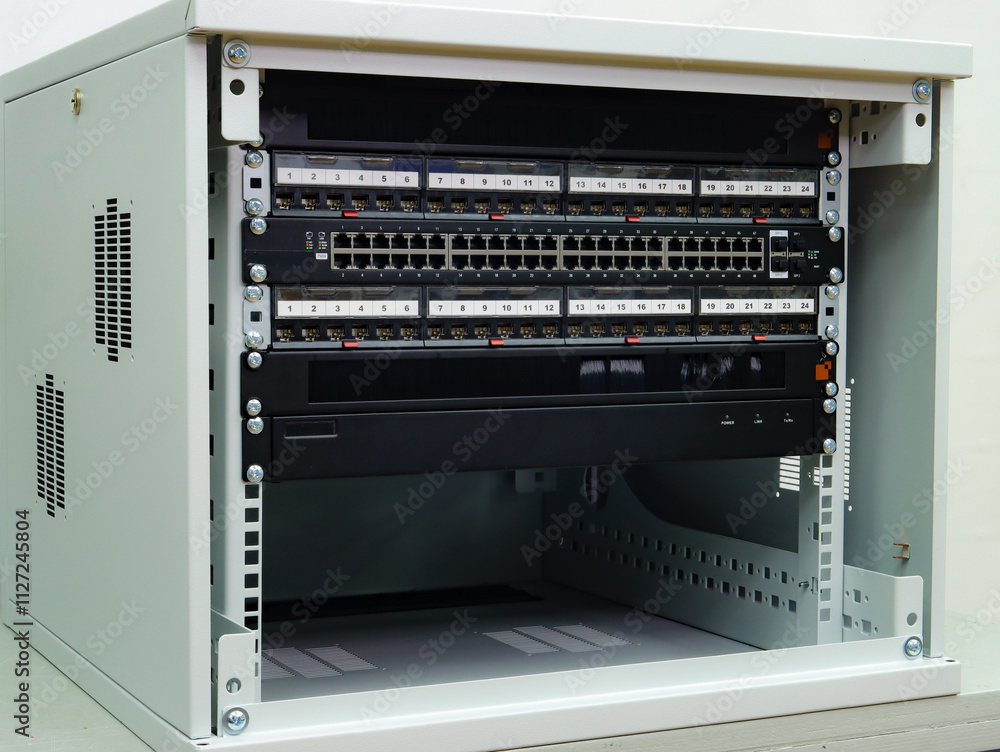 Telecommunication rack with Internet equipment, multimedia amplifiers, video surveillance system. Uninterruptible power supply. Soft focus. Telecommunication rack with Internet equipment, multimedia amplifiers, video surveillance system. Uninterruptible power supply. Soft focus.