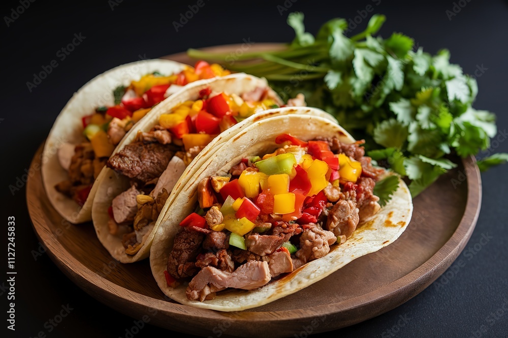 A photo of a plate of tacos filled with colorful ingredients against a black background A photo of a plate of tacos filled with colorful ingredients against a black background
