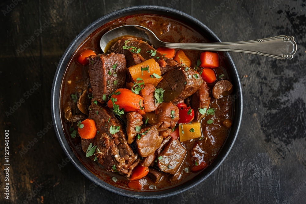 A photo of a bowl of rich, hearty stew filled with chunks of meat, diced vegetables A photo of a bowl of rich, hearty stew filled with chunks of meat, diced vegetables