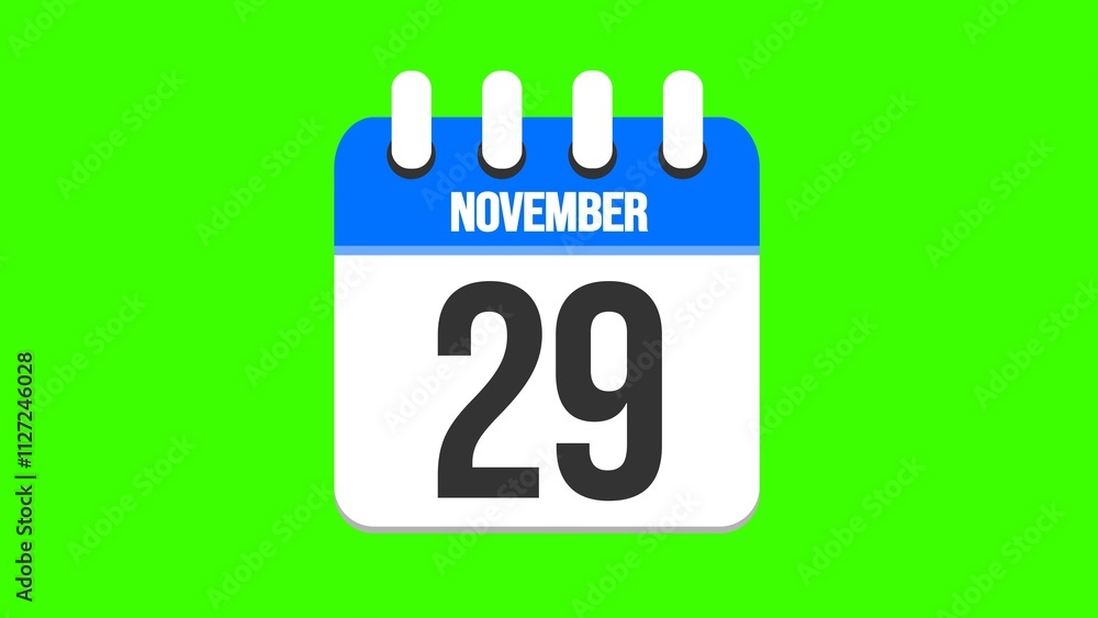 November 29. Cartoon style calendar. Cartoon style calendar with date and month name on green chroma key background. 4k. November 29. Cartoon style calendar. Cartoon style calendar with date and month name on green chroma key background. 4k.