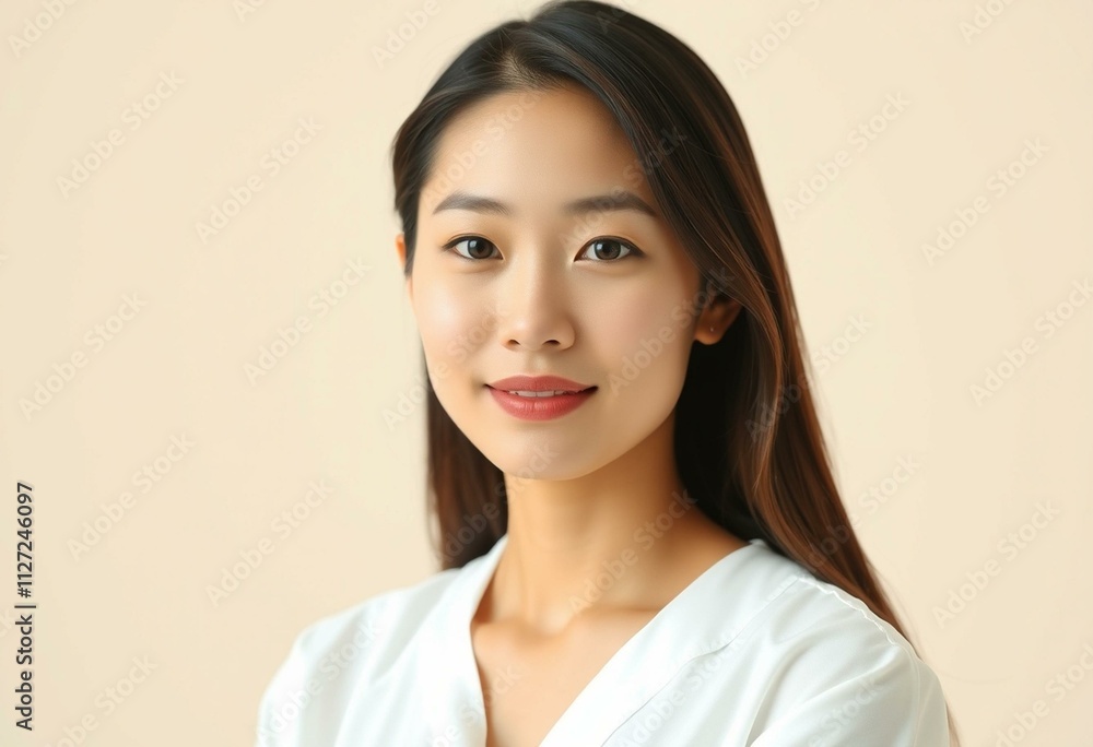 Half-length portrait of a 30-year-old Asian woman with a neutral expression Half-length portrait of a 30-year-old Asian woman with a neutral expression