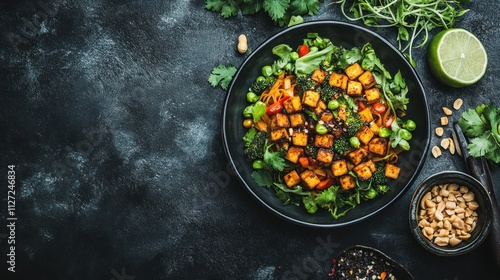 A vibrant salad with grilled tofu, fresh vegetables, and garnishes on a dark background.