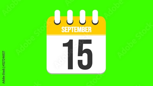 September 15. Cartoon style calendar. Cartoon style calendar with date and month name on green chroma key background. 4k.