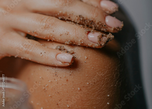 Close-up of a woman exfoliating her skin with a body scrub during a skincare routine