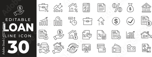 Loan set of web icons in line style. Loan and Credit linear icon collection. Containing loan, money, credit rating, business, leasing, interest, calculator, income, banking and more. Editable stroke