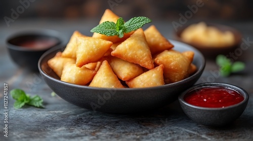 Golden Fried Samosas Served in a Bowl with Mint