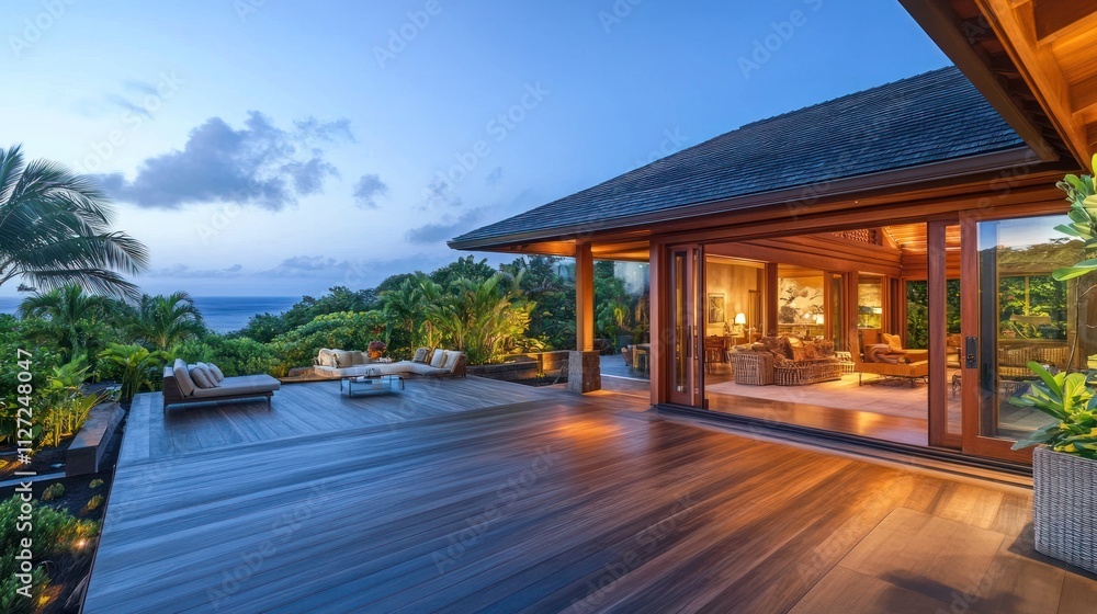 Luxurious villa terrace with ocean view at twilight Luxurious villa terrace with ocean view at twilight