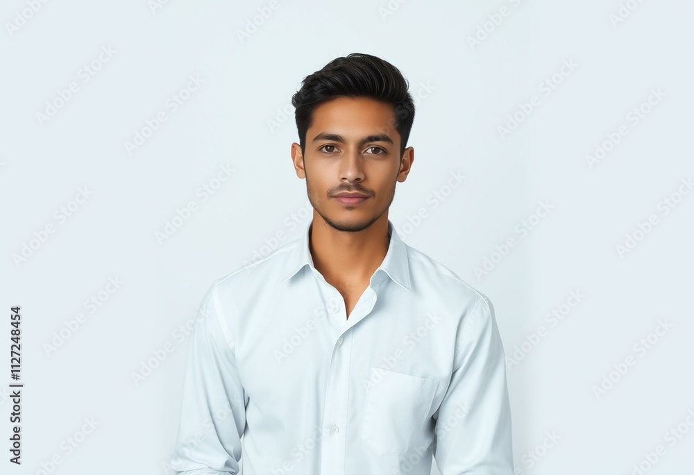 Half-length portrait of a calm male with a neutral expression Half-length portrait of a calm male with a neutral expression