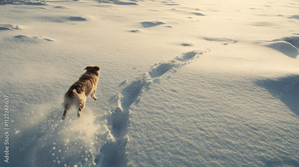 A dog chasing after a snowball leaving deep tracks in a pristine snowy field.