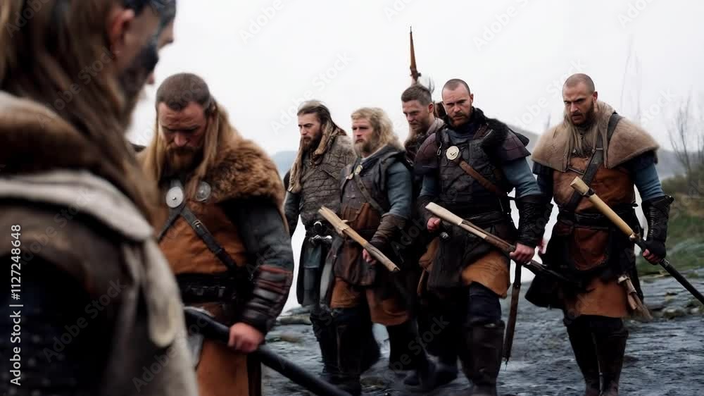A group of Viking warriors gathers near their longships, preparing for a journey across the northern seas. The atmosphere is tense as the early morning mist hovers over the water A group of Viking warriors gathers near their longships, preparing for a journey across the northern seas. The atmosphere is tense as the early morning mist hovers over the water